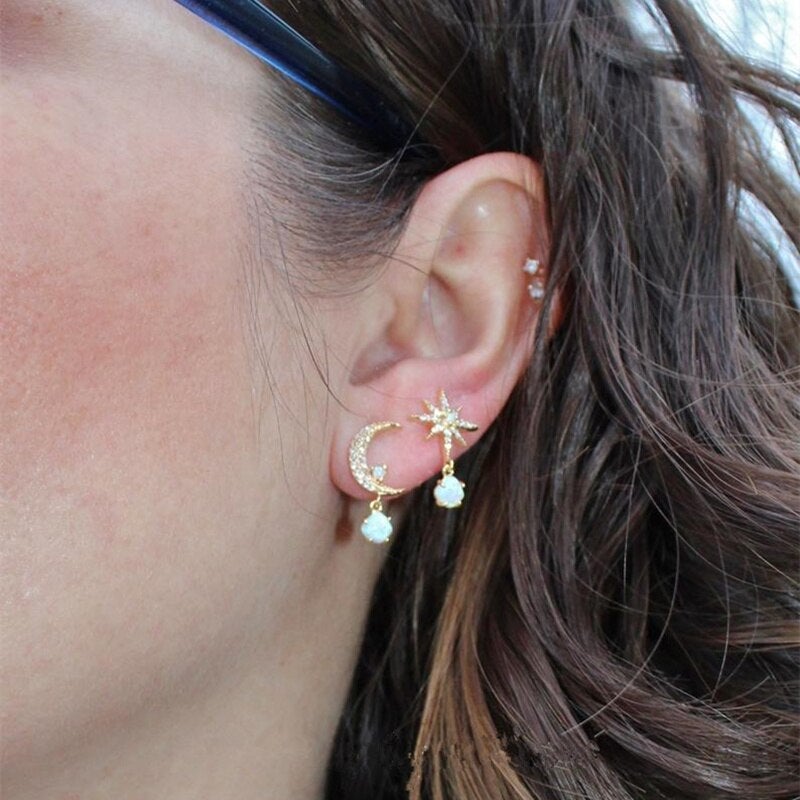Golden Moon and Star Earrings with Opal - Aurora-State of Style