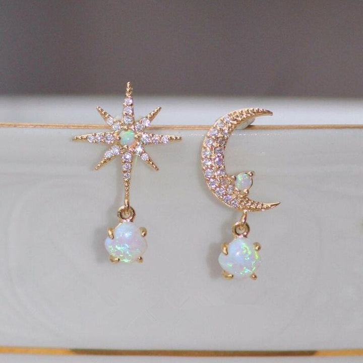 Golden Moon and Star Earrings with Opal - Aurora-State of Style