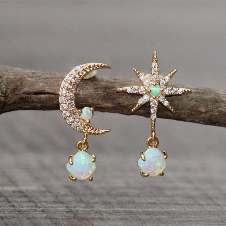 Golden Moon and Star Earrings with Opal - Aurora-State of Style