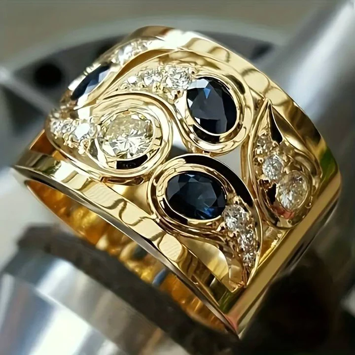 Golden Ring with Blue Vintage Crystals - Elara-6-State of Style