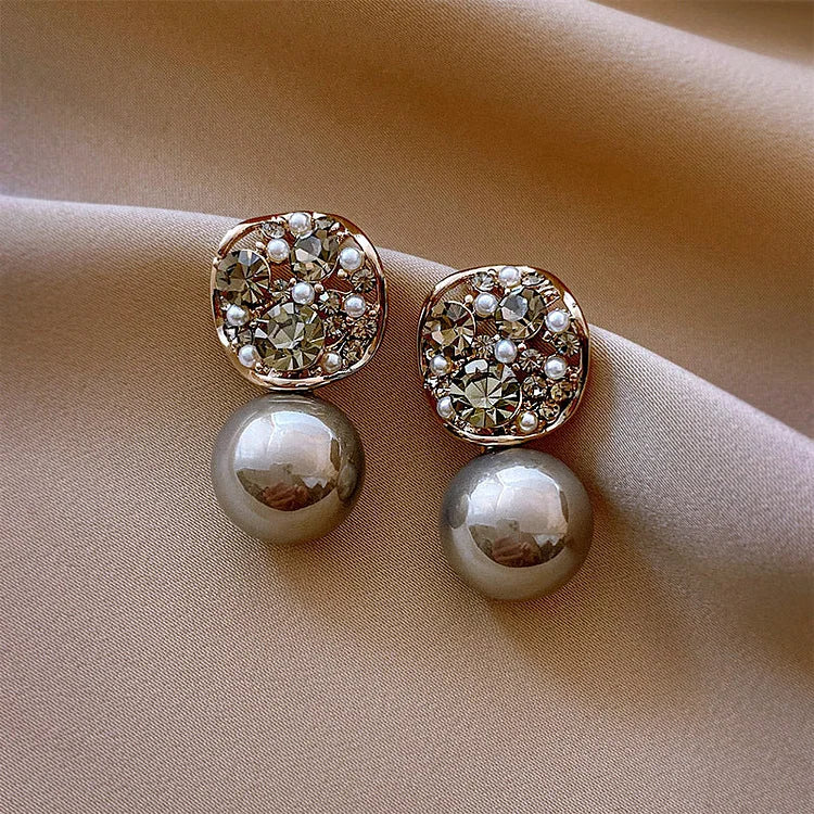 Grey/Taupe Luxe Crystal Pearl Earrings - Eloria-Grey-State of Style