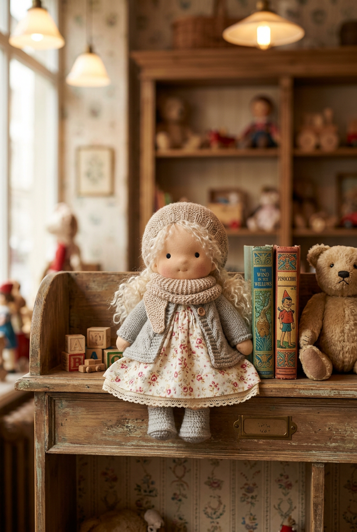 Cloth doll with curly blonde hair, knitted beret, scarf and grey cardigan sitting on an antique shelf beside vintage books 1