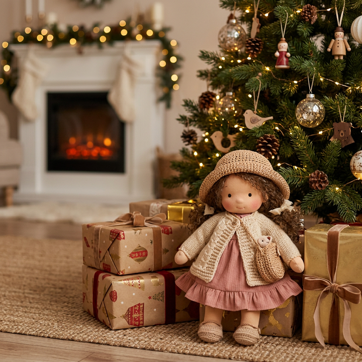 Curly-haired soft doll in straw hat and knitted cardigan sitting by gifts under a Christmas tree 1