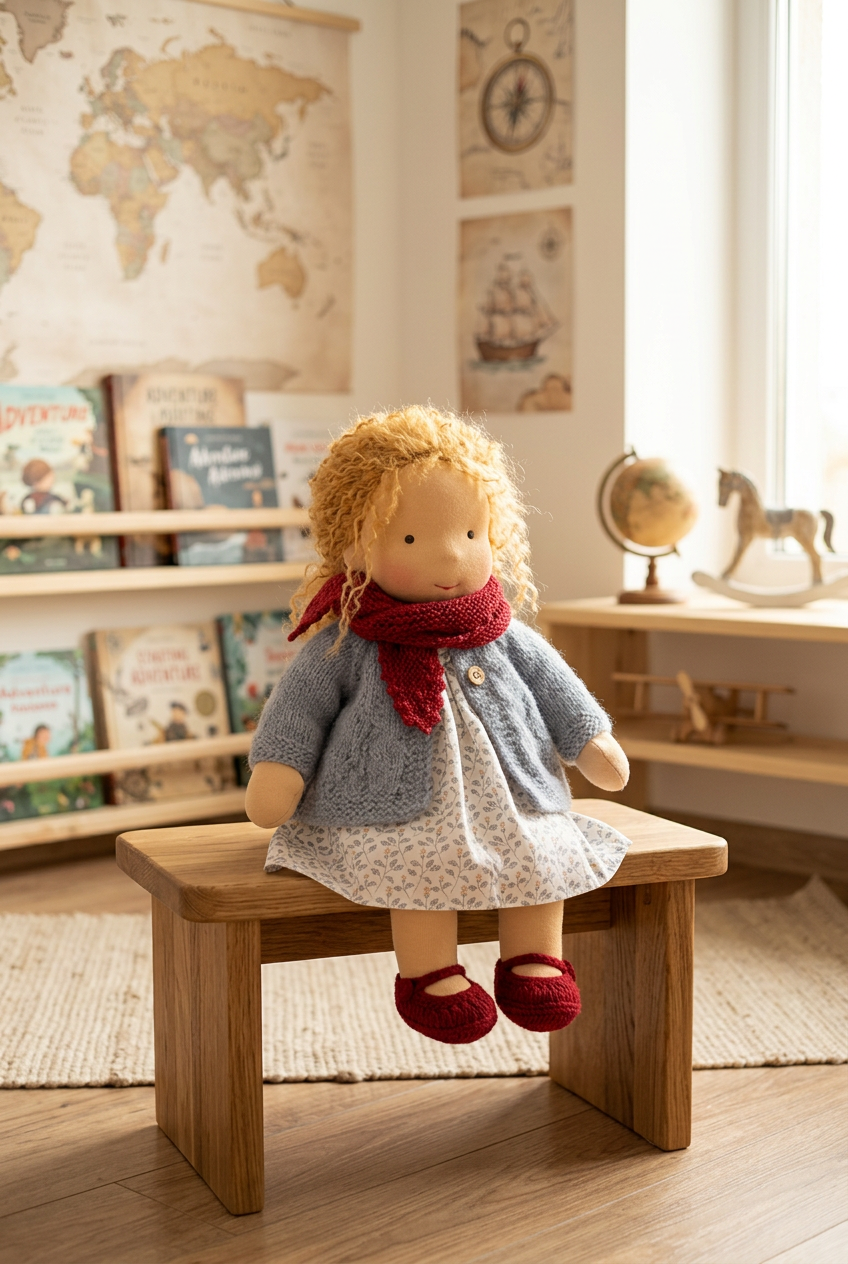 Doll with curly golden hair, grey knitted cardigan and red scarf sitting on a wooden stool in a playroom 1