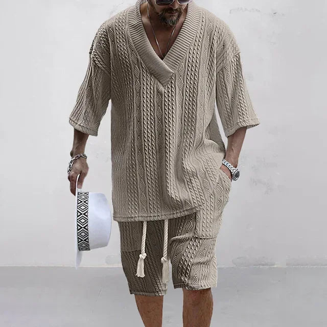 Henrik Knitted Two-Piece Set for Men – Shorts and Short-Sleeved Shirt-Beige-S-State of Style
