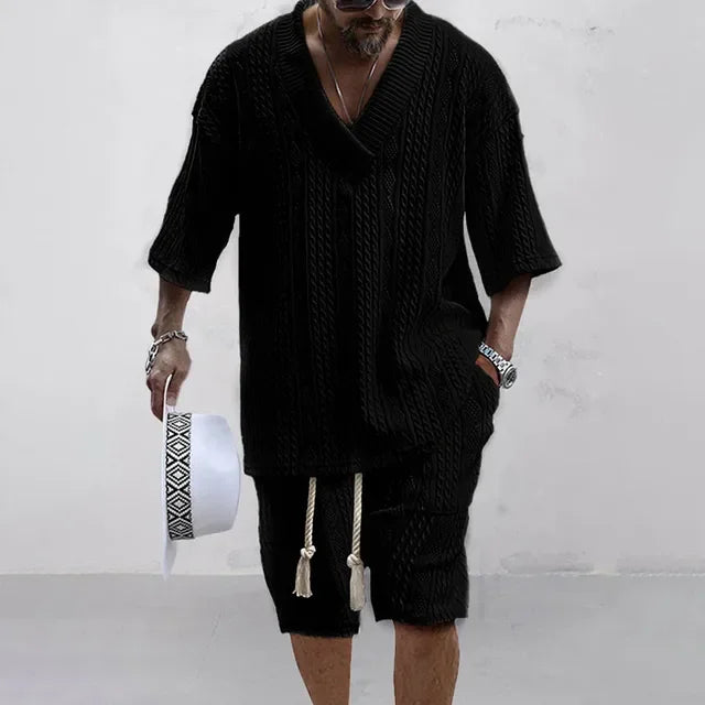 Henrik Knitted Two-Piece Set for Men – Shorts and Short-Sleeved Shirt-Black-S-State of Style