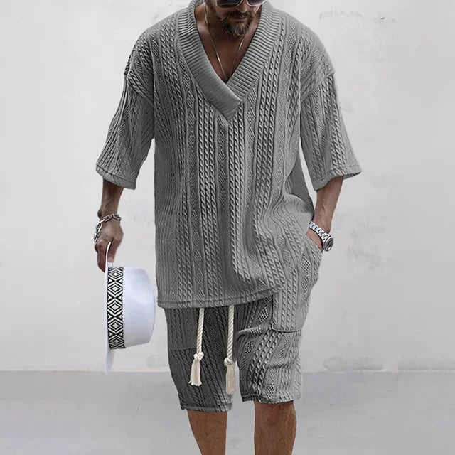 Henrik Knitted Two-Piece Set for Men – Shorts and Short-Sleeved Shirt-Grey-S-State of Style