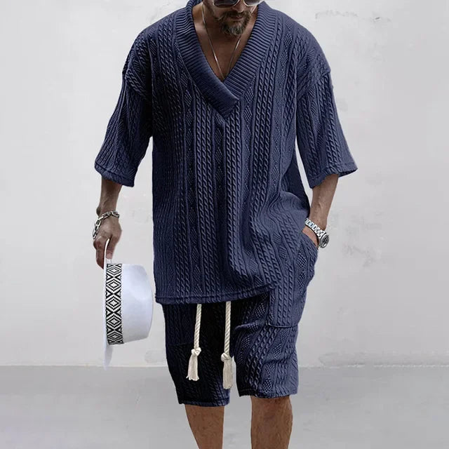 Henrik Knitted Two-Piece Set for Men – Shorts and Short-Sleeved Shirt-Navy Blue-S-State of Style