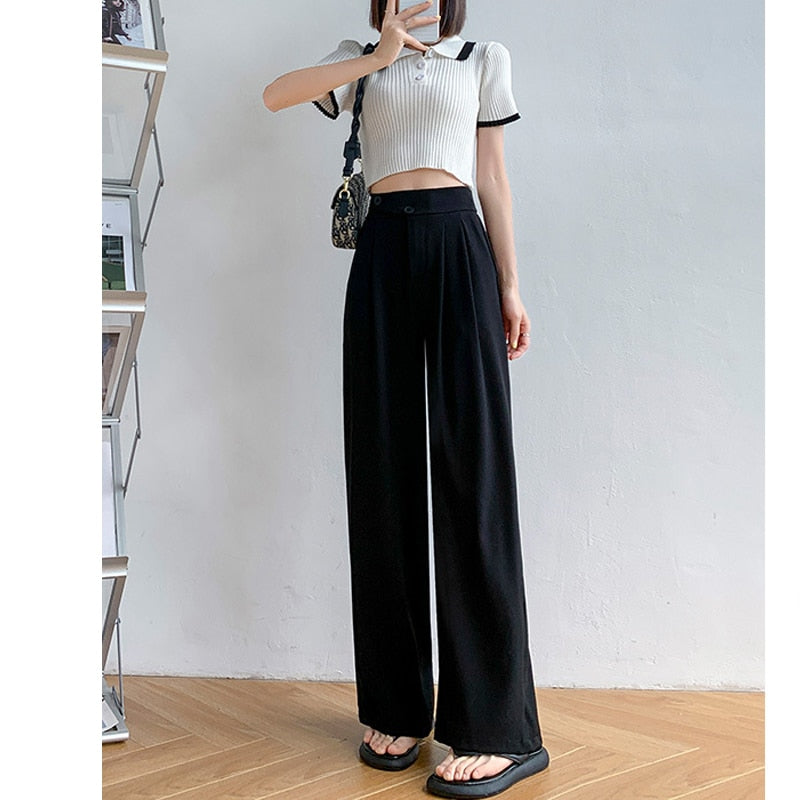 High-Waist Casual Women's Trousers with Wide Leg – Emilia-Black-S-State of Style