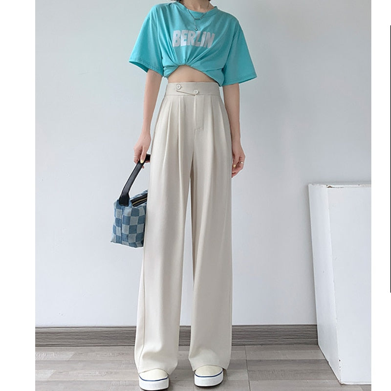 High-Waist Casual Women's Trousers with Wide Leg – Emilia-White-S-State of Style