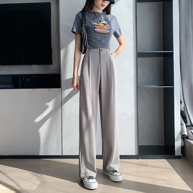 High Waist Loose Pants | Women's Relaxed Fit Trousers-Grey-36-State of Style