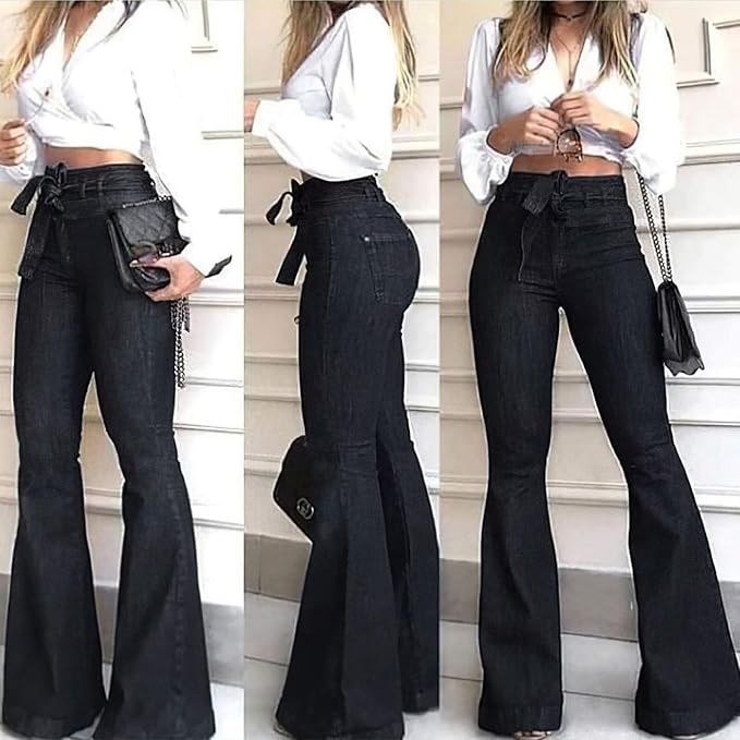 High-Waisted Flared Women's Jeans – Stella-Dark blue with belt-2XS-State of Style