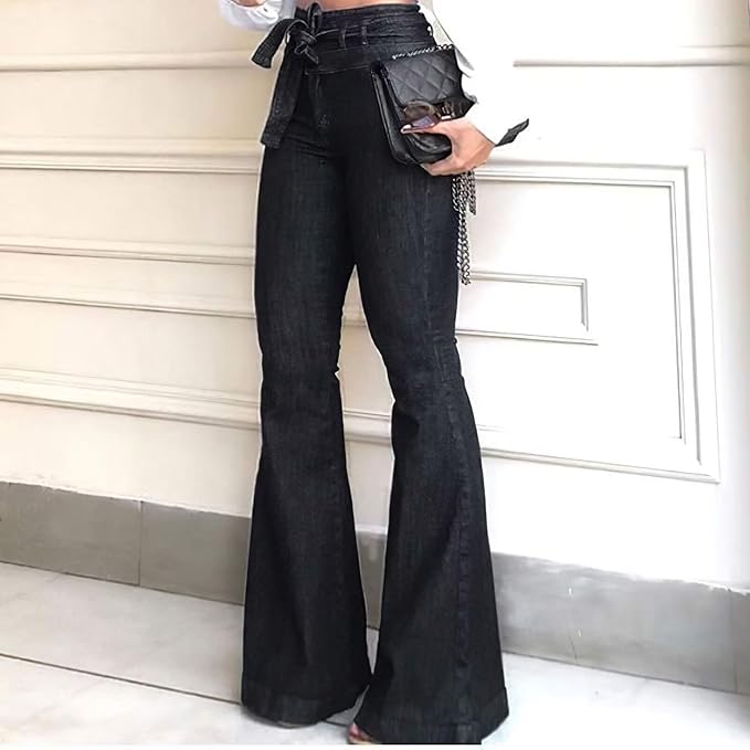 High-Waisted Flared Women's Jeans – Stella-Dark blue with belt-2XS-State of Style