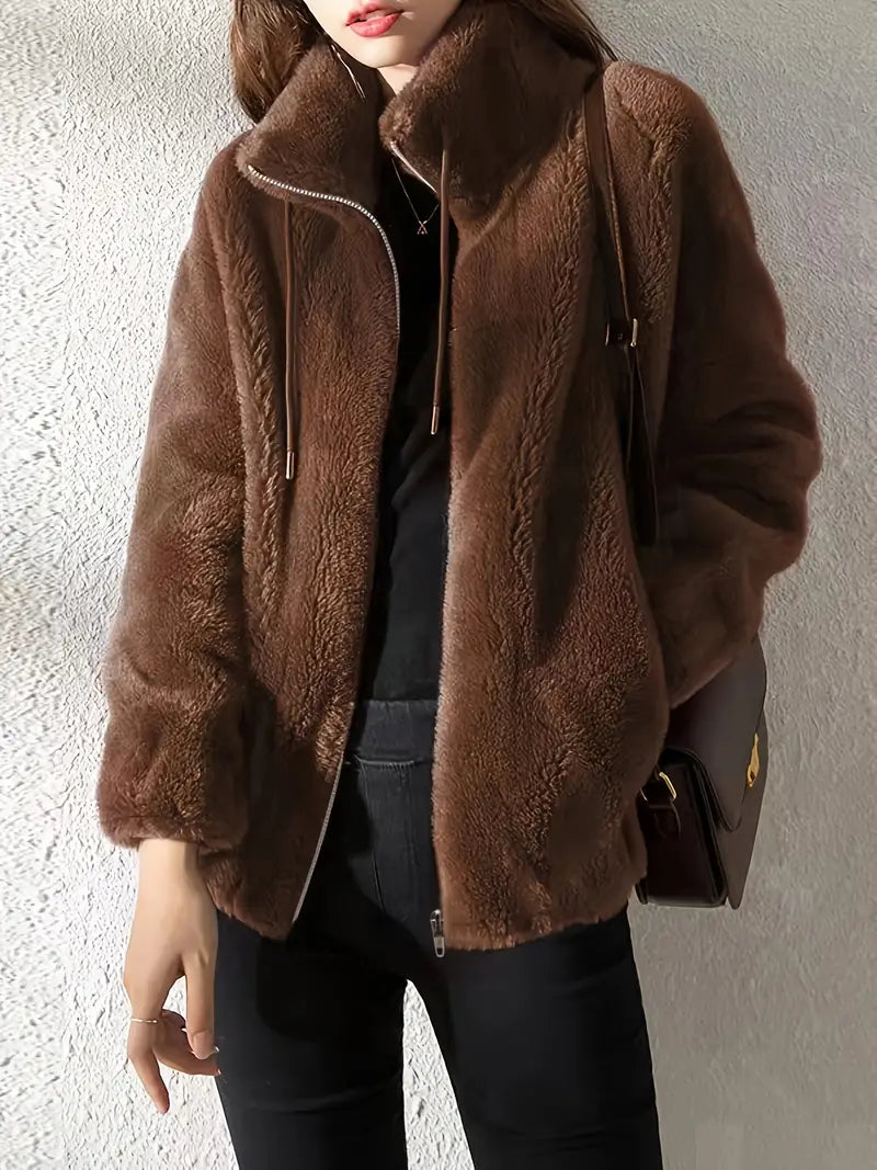 Hooded Teddy Jacket with Drawstring and Zip - Isla-Dark brown-S-State of Style