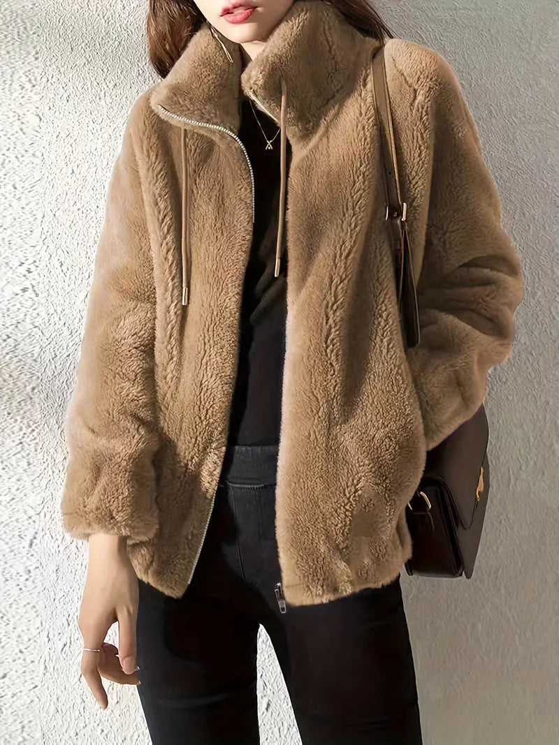 Hooded Teddy Jacket with Drawstring and Zip - Isla-Khaki-S-State of Style