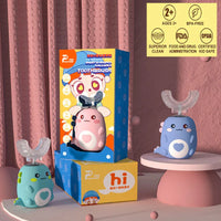 U-shaped children's toothbrush with sonic cleaning and a silicone brush head.