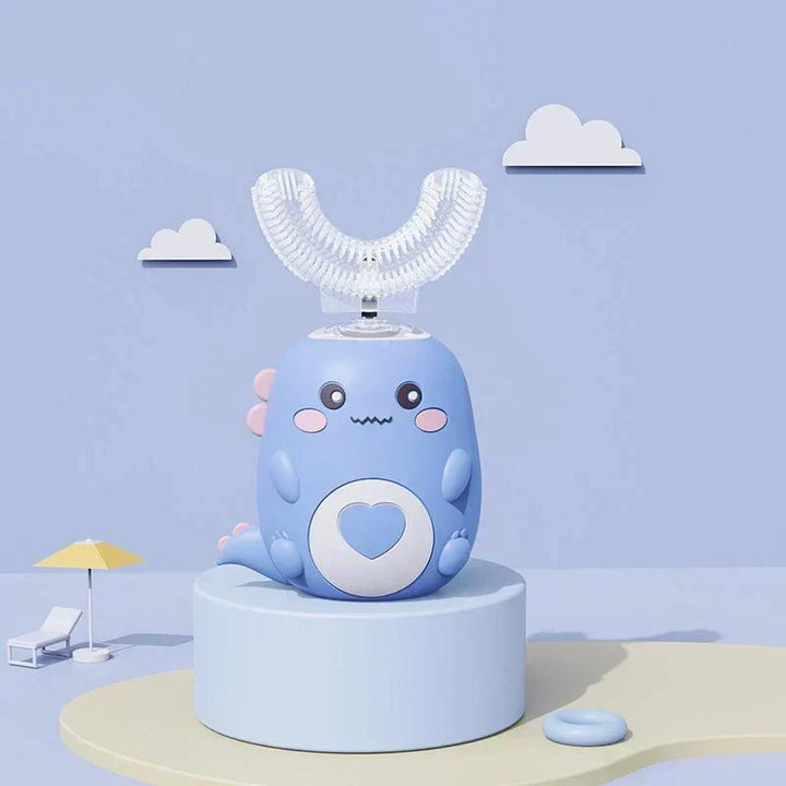 U-shaped children's toothbrush with sonic cleaning and a silicone brush head.