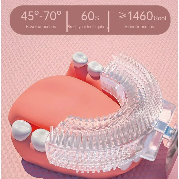 U-shaped children's toothbrush with sonic cleaning and a silicone brush head.