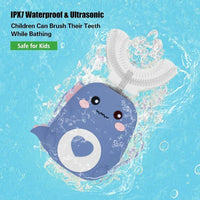 U-shaped children's toothbrush with sonic cleaning and a silicone brush head.