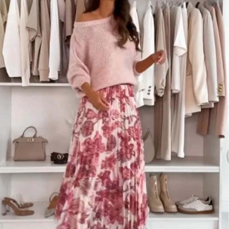 Two-piece ladies set with a round neck top and patterned skirt – Elina