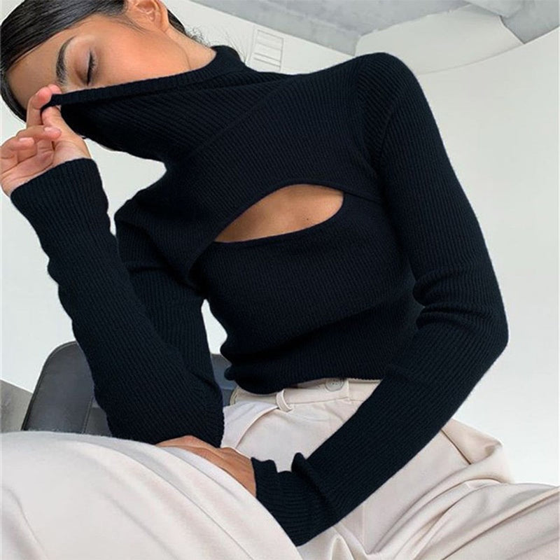 IndiaShirt | Women's Trendy Slit Sweater-Black-S-State of Style