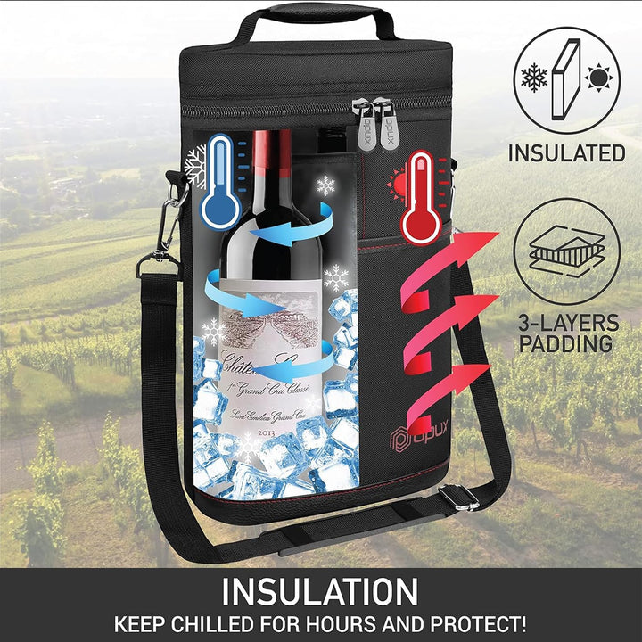 Insulated 2-Bottle Wine Cooler Tote Bag with Adjustable Strap