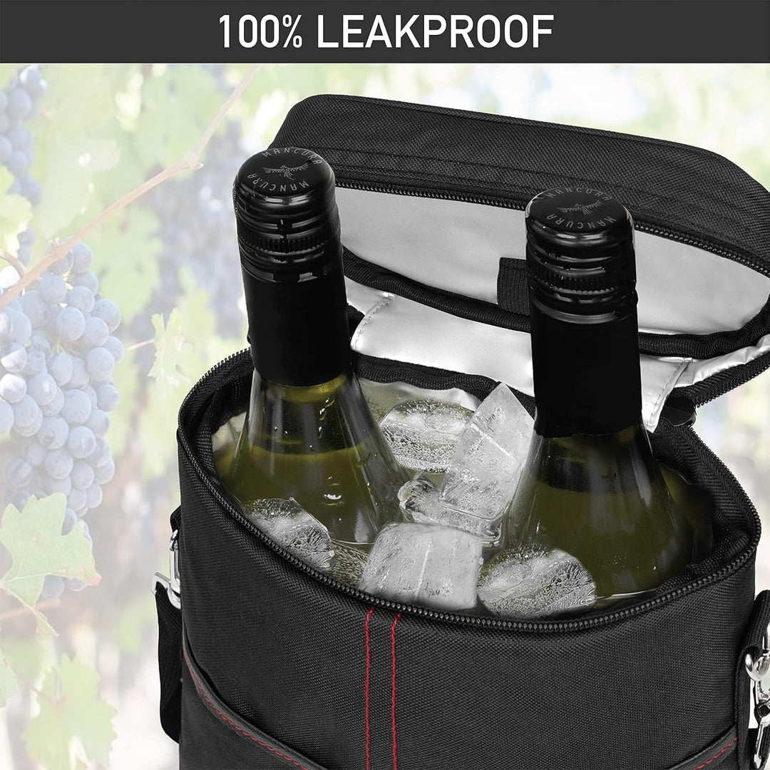 Insulated 2-Bottle Wine Cooler Tote Bag with Adjustable Strap