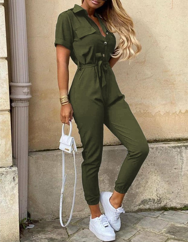 Jade Jumpsuit | Short-Sleeved, Belted & Perfect for Summer-Army Green-S-State of Style