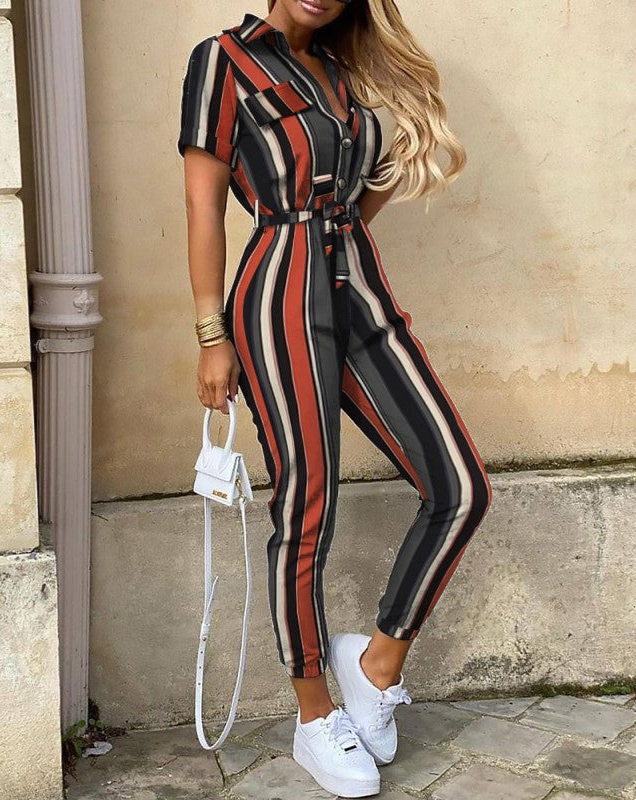 Jade Jumpsuit | Short-Sleeved, Belted & Perfect for Summer-Striped-S-State of Style