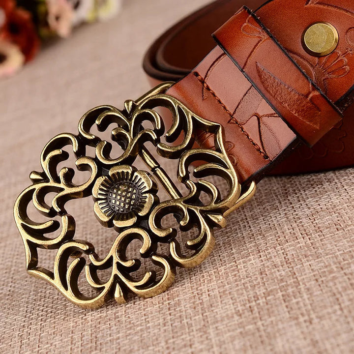 Jana Traditional Belt – Sunflower Pattern Leather Belt with Pin Buckle-Coffee-105 CM-State of Style