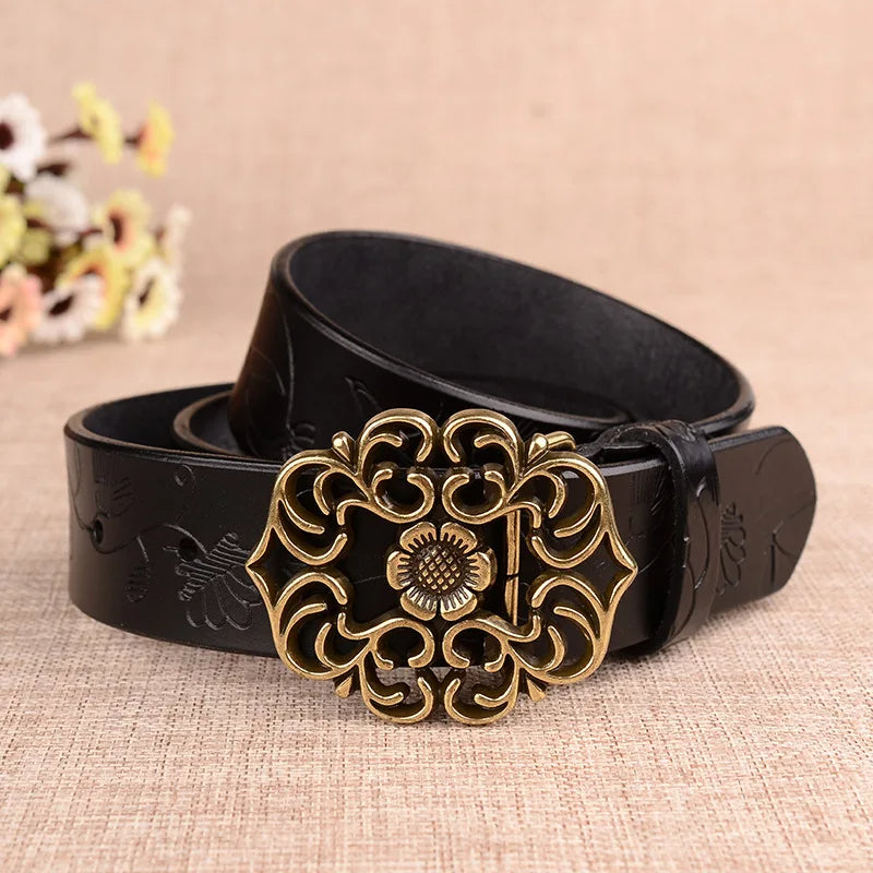 Jana Traditional Belt – Sunflower Pattern Leather Belt with Pin Buckle-Coffee-105 CM-State of Style