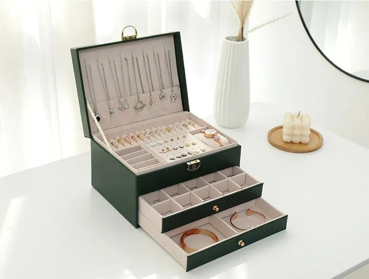 Jewellery box with multiple layers and velvet interior – Maeva-Dark green-State of Style