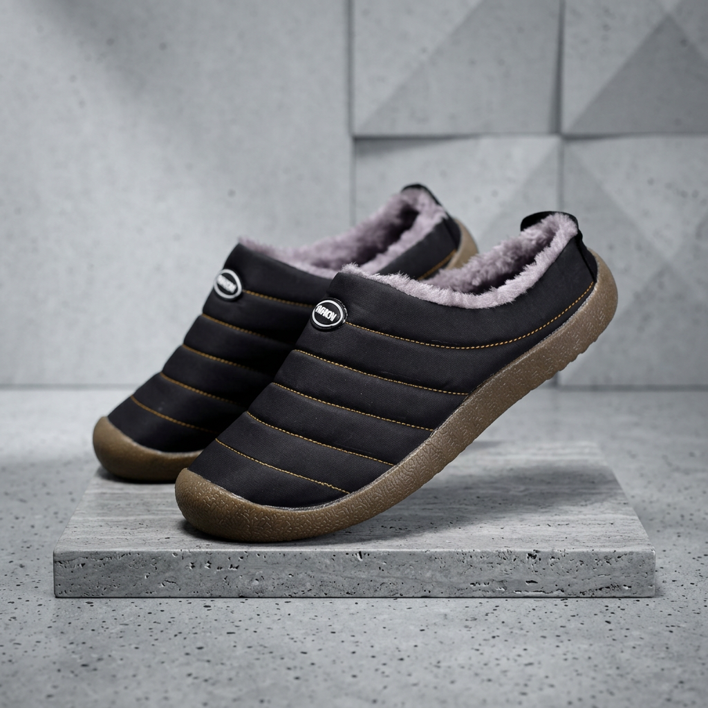 Pair of black slippers with grey fleece lining, one tilted on a stone slab 19