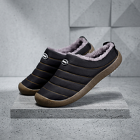 Pair of black slippers with grey fleece lining, one tilted on a stone slab 19