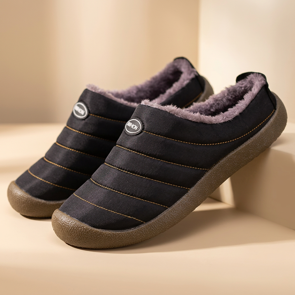 Pair of black quilted slippers with fleece lining, one propped on a beige ledge 19