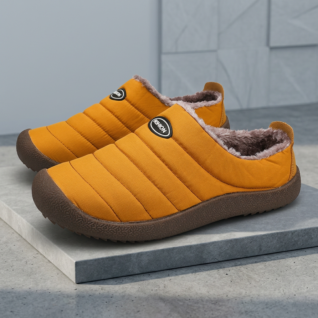 Pair of mustard yellow quilted slippers with fleece lining on a grey stone platform 20