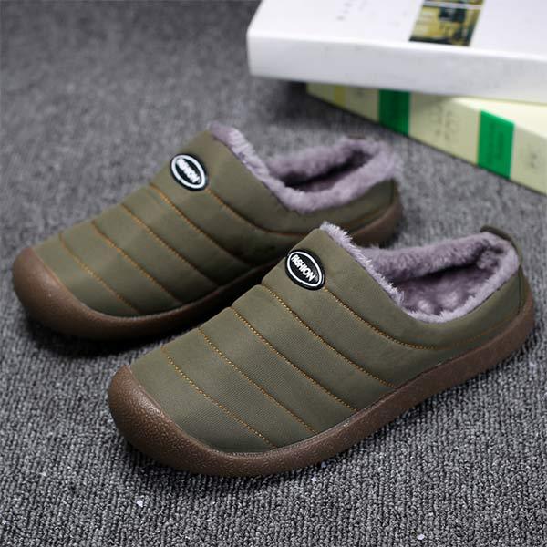 Olive green pair seen from above, showing the soft grey fleece lining and brown rubber sole 3