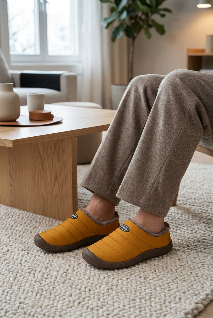 Mustard quilted fleece-lined slippers worn with beige trousers in a cosy living room beside a wooden coffee table 1