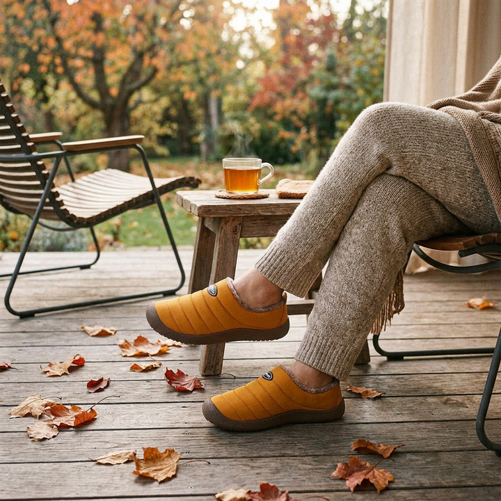 Mustard quilted slippers worn by a seated person on an autumn garden deck, with tea nearby 1