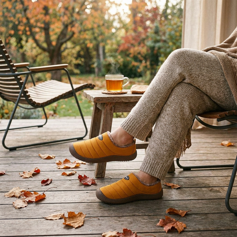 Mustard quilted slippers worn by a seated person on an autumn garden deck, with tea nearby 1