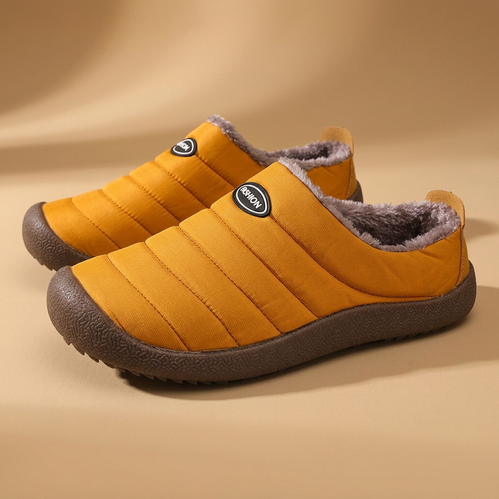 Pair of mustard yellow quilted slippers with brown fleece lining and dark brown soles on beige 20