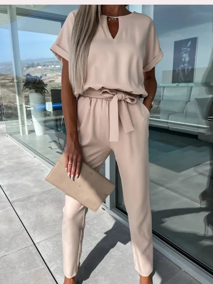 Jumpsuit with Short Sleeves and Belt - Eliana-Fuchsia-S-State of Style