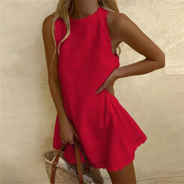 Karina Linen Dress with Red Cotton O-Neck | Comfortable & Stylish-Red-S-State of Style