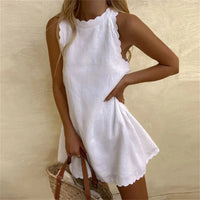 Karina Linen Dress with Red Cotton O-Neck | Comfortable & Stylish-White-S-State of Style