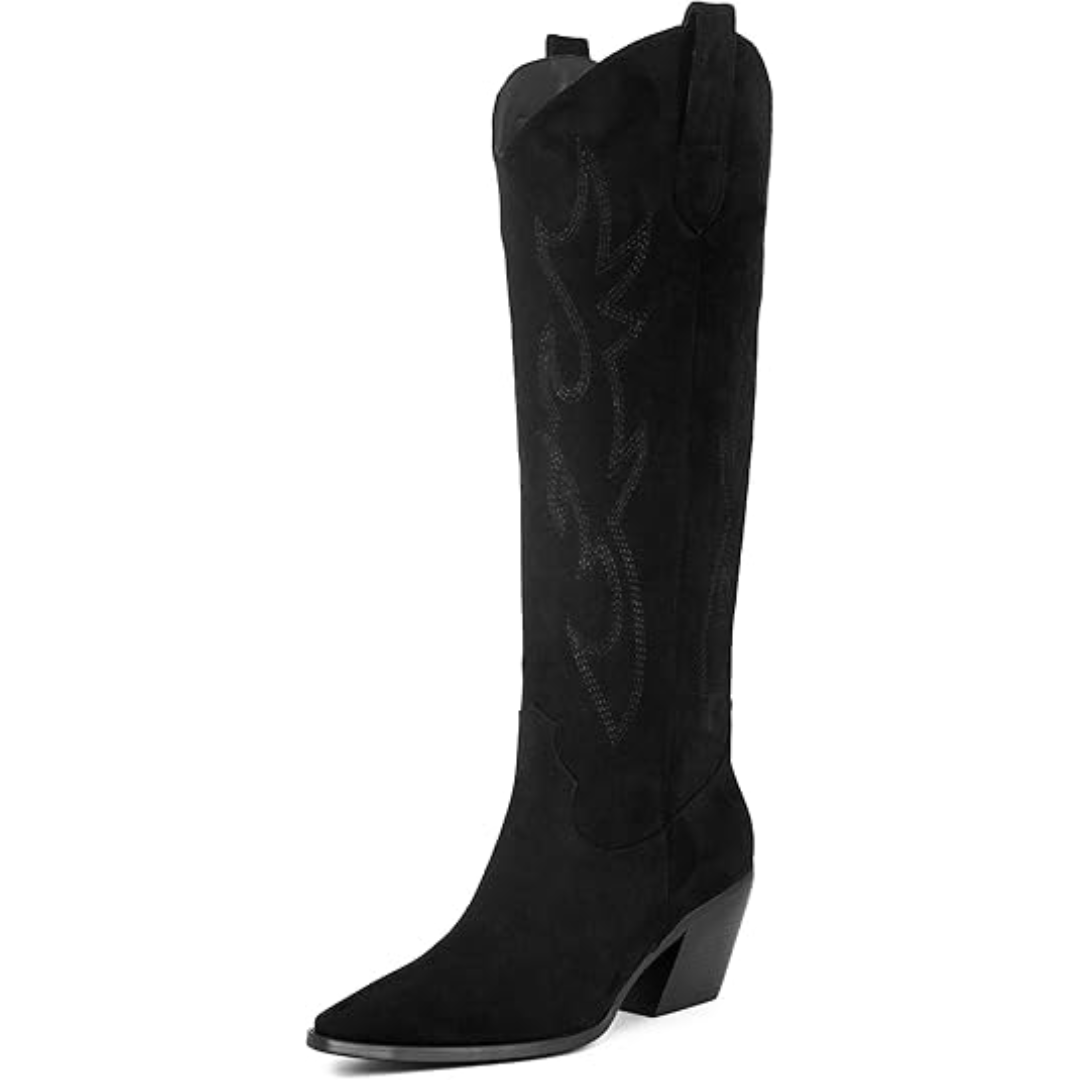 Knee-high Embroidered Suede & Faux Leather Cowboy Boots - Mary-Black-3-3.5-State of Style