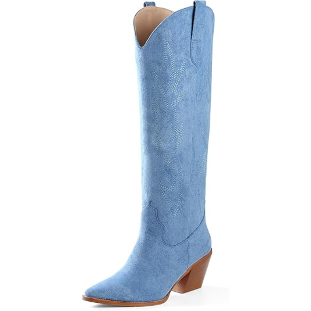 Knee-high Embroidered Suede & Faux Leather Cowboy Boots - Mary-Blue-3-3.5-State of Style