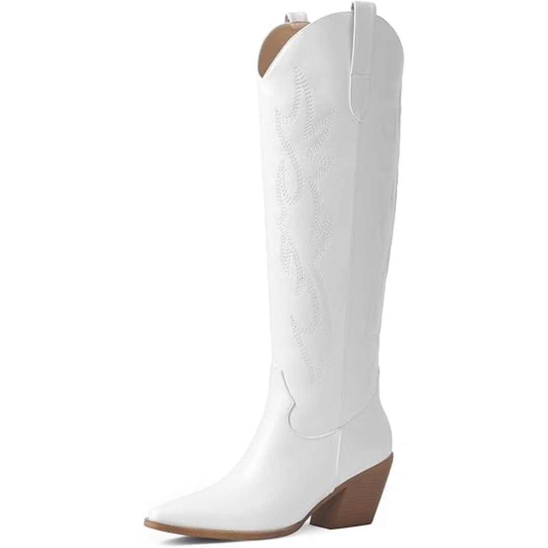 Knee-high Embroidered Suede & Faux Leather Cowboy Boots - Mary-White PU-3-3.5-State of Style