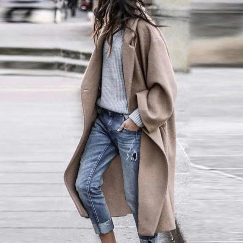 Knee-length Winter Coat with Large Collar for Ladies - Mira-Khaki-S-State of Style