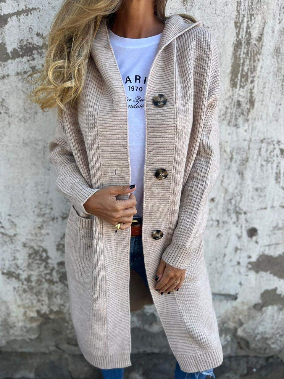 Knitted Long Women's Cardigan with Hood - Liv-Apricot-S-State of Style