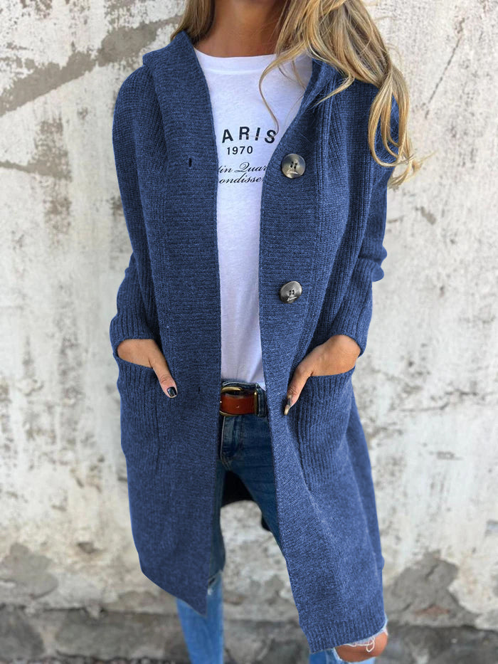 Knitted Long Women's Cardigan with Hood - Liv-Blue-S-State of Style